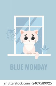 A sad cat sits on the windowsill among flower pots, it’s raining outside the window. Card Blue monday concept the most sad and depressing day of the year.