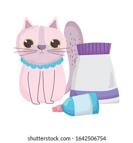 sad cat sitting with pack food and veterinary medicine pets vector illustration