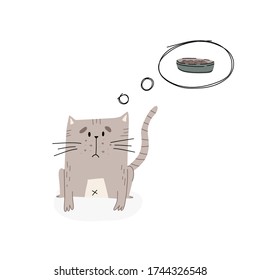 Sad cat starving, it sitting and thinking about pet bowl full of food, thoughts bubbles nearby. Cute vector hand drawn isolated illustration