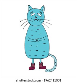 sad cat. Vector illustration. Isolated. Can be used in your projects in banners and posters. Cartoon. Coloring pages for adults and children. Hand-drawn doodle style