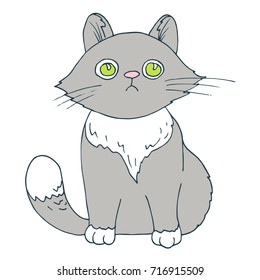 Sad cat vector ink sketch. Hand drawn illustration with kitty