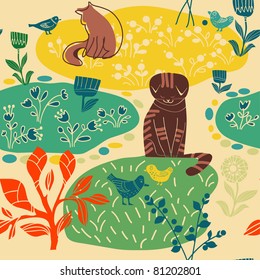 Sad cats, birds and flowers