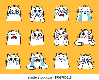 Sad Cats Emoji. Cartoon Home Animals With Big Eyes, Cute Emotions Of Loving Pets, Vector Illustration Of Crying Cat Set Isolated On Yellow Background