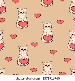 Sad cats with hearts on a coral background. Seamless pattern.