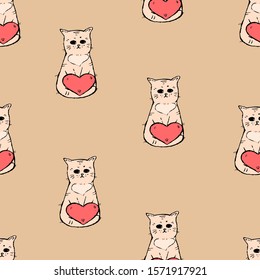 Sad cats with hearts on a coral background. Seamless pattern.