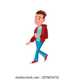 sad caucasian boy walk with cellphone on meeting cartoon vector. sad caucasian boy walk with cellphone on meeting character. isolated flat cartoon illustration