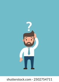 A sad Caucasian businessman with question mark over his head showing that he is in a big trouble. . A contemporary style with pastel palette, soft blue tinted background. flat design illustration