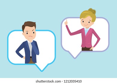 Sad caucasian male and happy woman in speech bubble,Online chat,Support concept,stock flat vector illustration