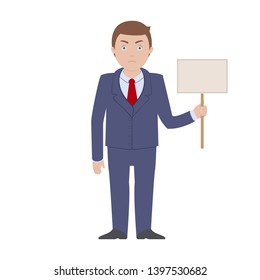 Sad Caucasian man in blue suit standing and holding blank sign in his hand. Vector illustration.