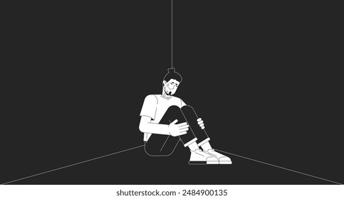 Triste hombre caucásico llorando en la esquina oscura concepto de ilustración 2D en blanco y negro. Hombre europeo que trata con trauma contorno de fondo de escena de dibujos animados. Metáfora de depresión metáfora Arte vectorial monocromo