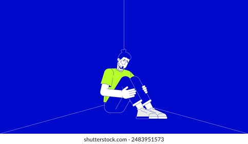 Triste hombre caucásico llorando mientras se sienta en la esquina oscura 2D concepto de ilustración lineal. Hombre europeo que trata con el fondo de la escena de dibujos animados del trauma. Gráfico de Vector plano abstracto de metáfora de depresión