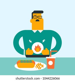 Sad caucasian white man standing near the table with fast food and having a stomach ache from heartburn. Young man suffering from heartburn after fast food. Vector cartoon illustration. Square layout.