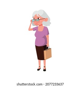 sad caucasian woman senior looking at high price in cosmetics store cartoon vector. sad caucasian woman senior looking at high price in cosmetics store character. isolated flat cartoon illustration