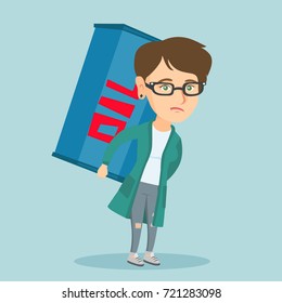 Sad caucasian worker of oil industry carrying barrel on her back. Young upset woman walking with oil barrel on back. Tired woman holding heavy oil barrel. Vector cartoon illustration. Square layout.