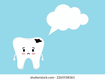 Sad cavity tooth icon with speach bubble isolated on blue background. Flat cute design kawaii dental emoticon. Vector cartoon style teeth with caries character.