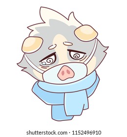 Sad cavy in medical mask and scarf - emoji icon  Disease. Cartoon guinea pig, color drawing, emoticon Disease,  isolated on transparent background 