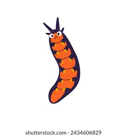 Sad centipede character with colourful red belly. Adorable caterpillar with shocked facial expression. Cute upset butterfly larva. Little confused worm. Flat isolated vector illustration on white