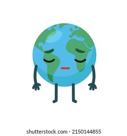 Sad character emotional planet earth. Environment day concept. Eco friendly, save ecology concept. World map globe face emoji