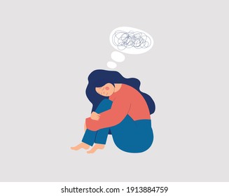 Sad character girl sitting and hugging her knees. Young woman suffer from dementia or loss memory. Amnesia depression concept. Struggling against mental disorder or Alzheimer. Vector illustration.