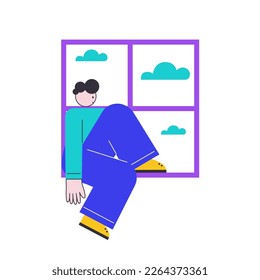 Sad character sitting on the window. Vector illustration in a flat style