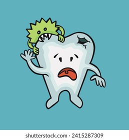 diente de personaje triste roto debido al monstruo del caries, vector de color completo de la higiene oral