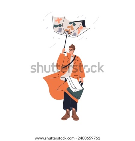 Sad character under upturned umbrella in heavy rain, wind, windy storm. Person standing in bad rainy weather, downpour, rainstorm. Flat graphic vector illustration isolated on white background