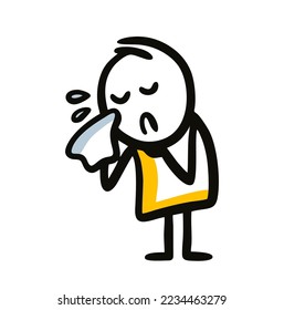 A sad character wipes tears from his face with a handkerchief and thinks about the bad. Vector illustration of upset doodle stickman in trouble.
