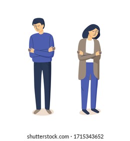 Sad characters woman and man turned away from each other. Concept of quarrel, disagreement, misunderstanding, loneliness. Vector illustration in cartoon flat style