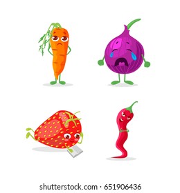 Sad and cheerful fruits and vegetables characters, vector illustration