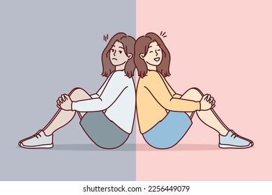 Sad and cheerful girl sit on floor with backs to each other and look at screen. Woman in casual smile after getting rid of depression or ending toxic relationship with boyfriend. Flat vector image 