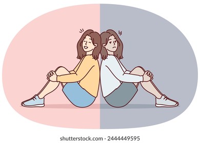 Sad and cheerful girl sit on floor with backs to each other and look at screen. Woman in casual smile after getting rid of depression or ending toxic relationship with boyfriend. Flat vector image