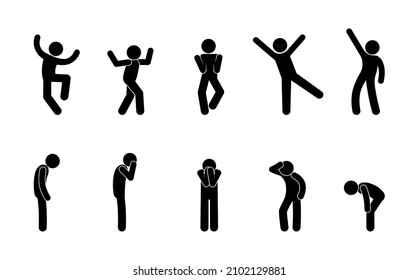 sad and cheerful people icons set, stick figure people rejoice and suffer, poses of fun and depression