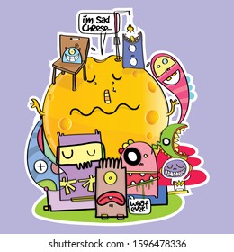 sad cheese with his monsters