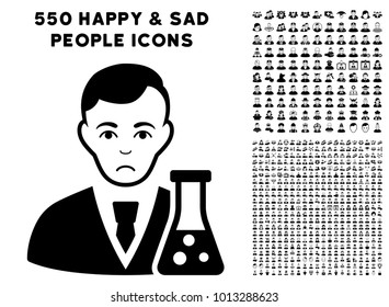 Sad Chemical Scientist pictograph with 550 bonus pity and happy people design elements. Vector illustration style is flat black iconic symbols.