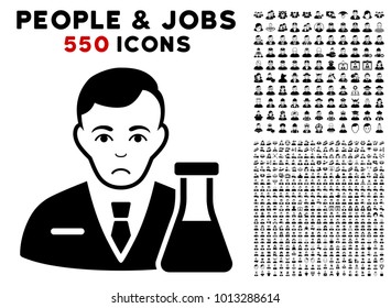 Sad Chemistry Man icon with 550 bonus pity and glad people pictographs. Vector illustration style is flat black iconic symbols.