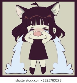 Sad chibi girl with cat ears. Retro style art