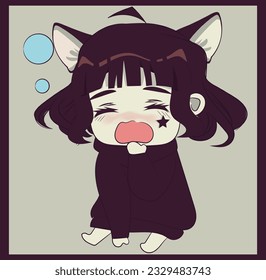 Sad chibi girl, with cat ears and short dark hair. Cat women. Retro style original character