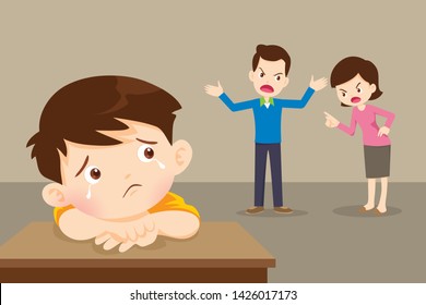 sad child boy crying with angry dad and mom quarreling.Parents fighting children crying.Little boy  is crying because her parents quarrel.