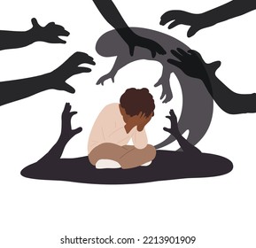 Sad Child, boy crying, panic attack, PTSD, phobias, fears, phobias, bullying, depression. Psychological problems. Mental health collection. Flat vector illustration