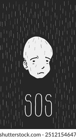Expresión de niño triste y diseño de mensaje SOS