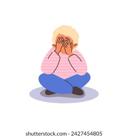 Sad child boy hides face behind hands and peeks through fingers flat style, vector illustration isolated on white background. Decorative design element, emotional kid character