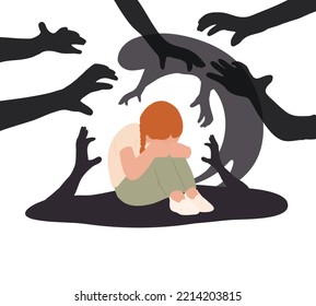 Sad Child, girl crying, panic attack, PTSD, phobias, fears, phobias, bullying, depression. Psychological problems. Mental health collection. Flat vector illustration