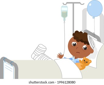 Sad Child In Hospital Room With Broken Leg And Drip. Cartoon Vector Illustration.