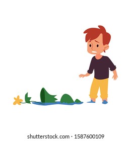 Sad child looking at broken vase, guilty cartoon boy in trouble broke a flower pot into pieces. Little kid is sorry for accident, isolated flat hand drawn vector illustration on white background