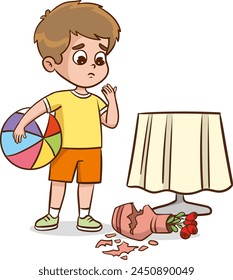 Sad child looking at broken vase, guilty cartoon boy in trouble broke a flower pot into pieces