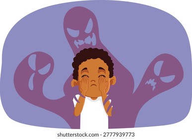 Sad Child with Phobias and Anxieties Vector Illustration. Frightened little kid hiding eyes while being encircled by dark fears and phobias.