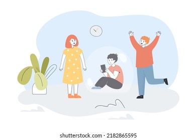 Sad child with phone sitting in bubble among playing kids. Loneliness of shy boy flat vector illustration. Internet addiction, network, puberty concept for banner, website design or landing web page