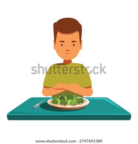 Sad child refusing to eat healthy broccoli served on a plate, bad eating habits in children