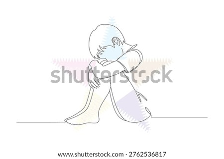 Sad Child Silhouette: Continuous Line Drawing of a Young Person Hugging Knees, Expressing Loneliness and Emotional Vulnerability