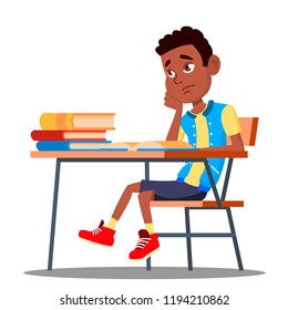 Sad Child Sitting At A Desk In The Classroom Vector. School. Education. Isolated Illustration
